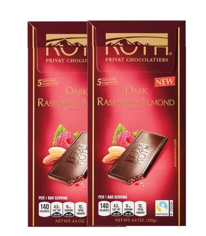 Roth Raspberry Almond European Cacao Bar, Indivually Wrapped Dark Chocolate Squares, Low Carb Snack Keto Friendly Desert Food Sweets, 4.4oz Moser 2 Pack