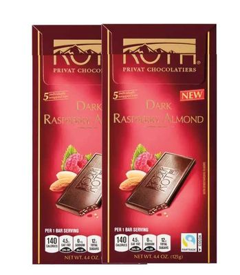Roth Raspberry Almond European Cacao Bar, Indivually Wrapped Dark Chocolate Squares, Low Carb Snack Keto Friendly Desert Food Sweets, 4.4oz Moser 2 Pack