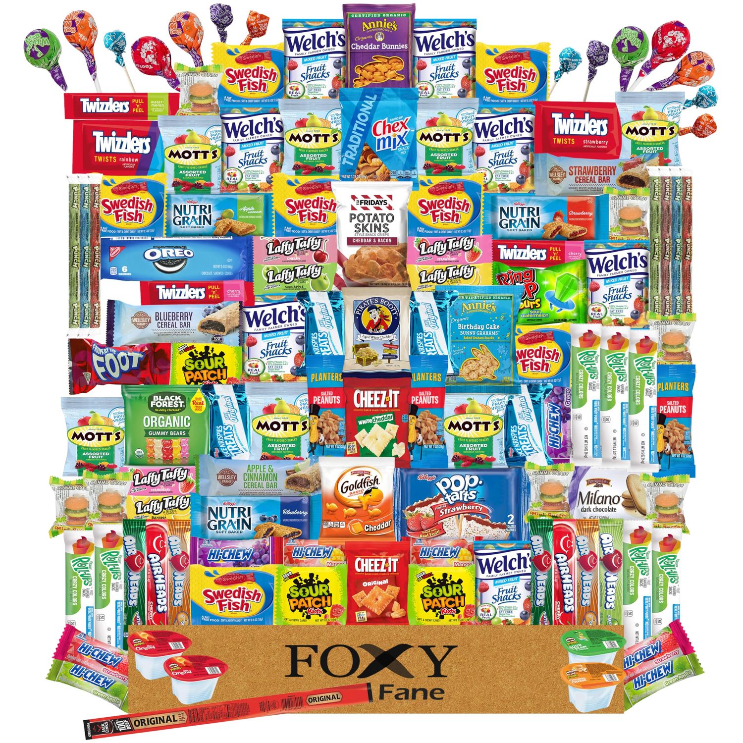 Foxy Fane 120 count Deluxe Snack Box - Ultimate Gift Care Package with Variety Assortment of Crackers, Cookies, Candy, Chips &amp; other Snacks - Bulk Bundle of Delicious Treats (120 Snacks)