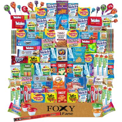 Foxy Fane 120 count Deluxe Snack Box - Ultimate Gift Care Package with Variety Assortment of Crackers, Cookies, Candy, Chips &amp; other Snacks - Bulk Bundle of Delicious Treats (120 Snacks)