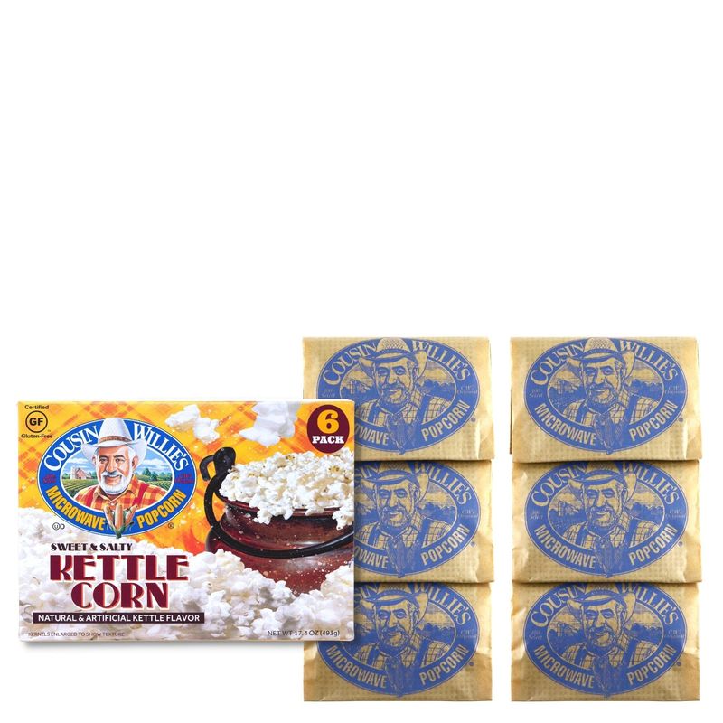 Cousin Willie's Microwave Popcorn Bags, Kettle Corn (6 Bags), Gourmet Popcorn Boxes for Party, Whole Grain Popcorn, Gluten Free, Low Calorie Healthy Snack, Made in USA, non-GMO