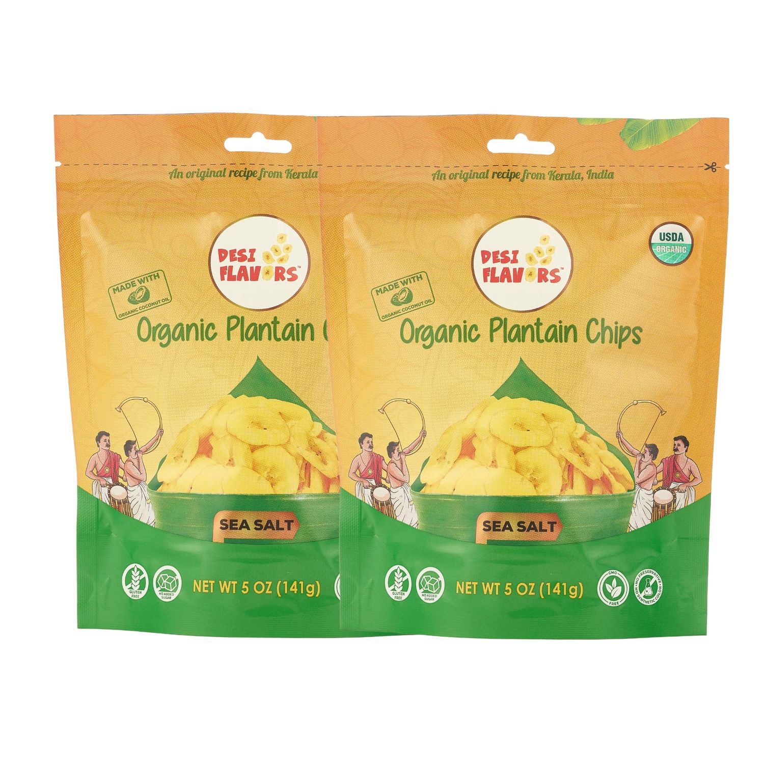 Desi Flavors Organic Plantain Chips  Kerala Banana Chips  Healthy Coconut Oil Plantain Chip Snacks  Sea Salt  10 oz (Pack of 2 Bags)