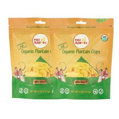 Desi Flavors Organic Plantain Chips  Kerala Banana Chips  Healthy Coconut Oil Plantain Chip Snacks  Sea Salt  10 oz (Pack of 2 Bags)
