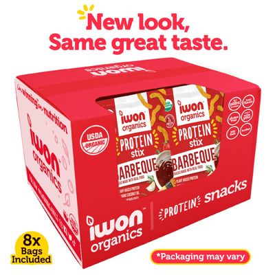 IWON Organics Mesquite BBQ Flavor Snack Stix, High Protein and Organic Healthy Snacks, 8 Bags, 1.5 Ounce