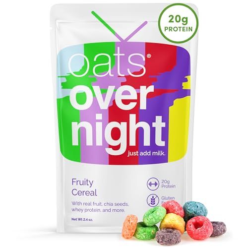 Oats Overnight Fruity Cereal - Overnight Oats with 20g Protein, High Fiber Breakfast Protein Shake - Gluten Free Oatmeal, Non GMO High Protein Oatmeal (2.6 oz per meal) (8 Pack)