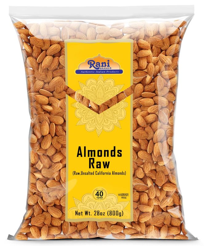 Rani Almonds, Raw Whole With Skin (uncooked, unsalted) 28oz (800g)  All Natural  Vegan  Gluten Friendly  Kosher  Fresh Product of USA  California Shelled Almonds