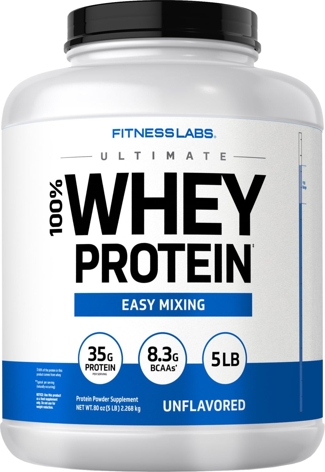 Fitness Labs Whey Protein Powder Unflavored  5 lbs  80 oz  Easy Mix Ultimate Supplement  Non-GMO, Gluten Free
