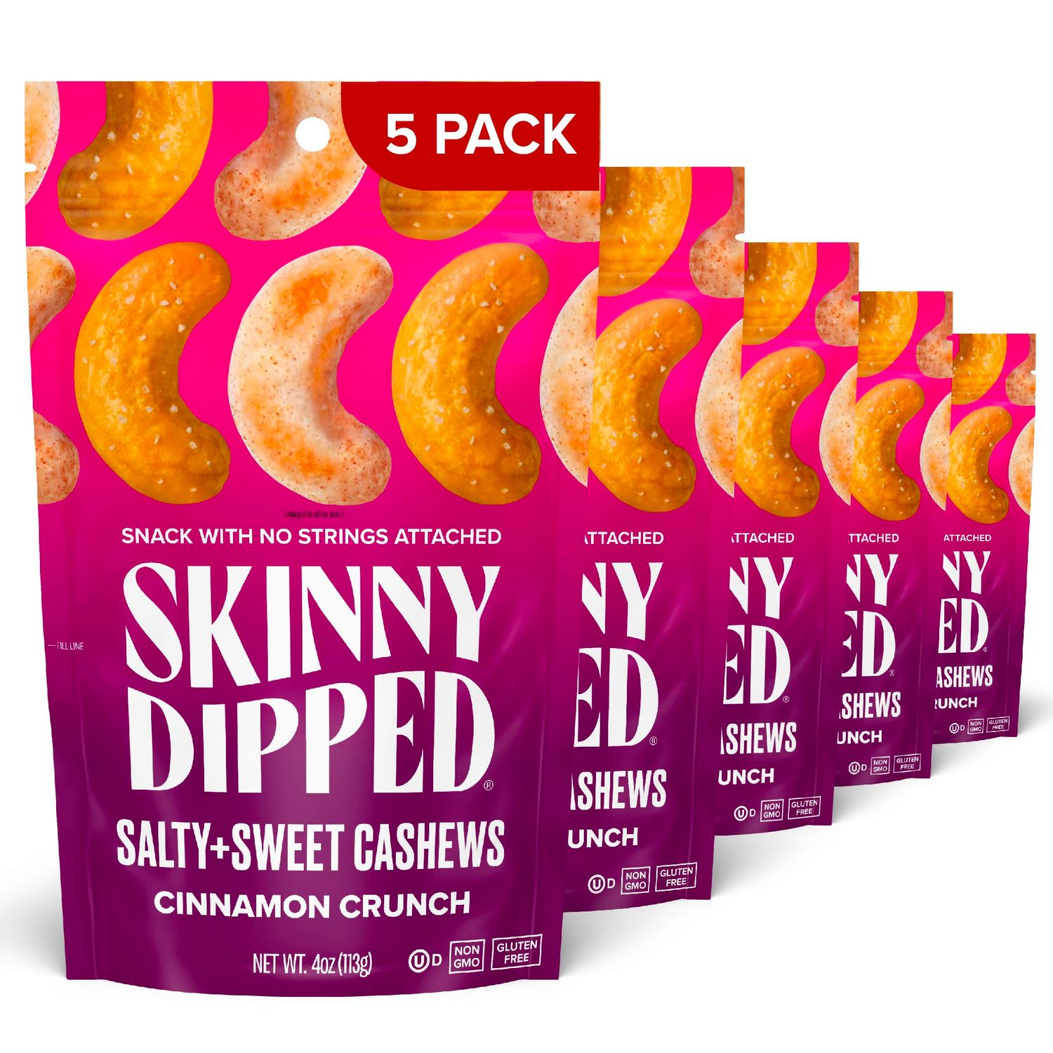 SkinnyDipped Salty  Sweet Cinnamon Crunch Cashew, Healthy Snack, Plant Protein, Gluten Free, 4 oz Resealable Bags, Pack of 5