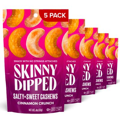 SkinnyDipped Salty  Sweet Cinnamon Crunch Cashew, Healthy Snack, Plant Protein, Gluten Free, 4 oz Resealable Bags, Pack of 5