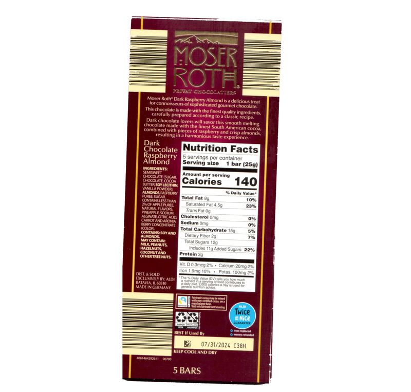 Roth Raspberry Almond European Cacao Bar, Indivually Wrapped Dark Chocolate Squares, Low Carb Snack Keto Friendly Desert Food Sweets, 4.4oz Moser 2 Pack
