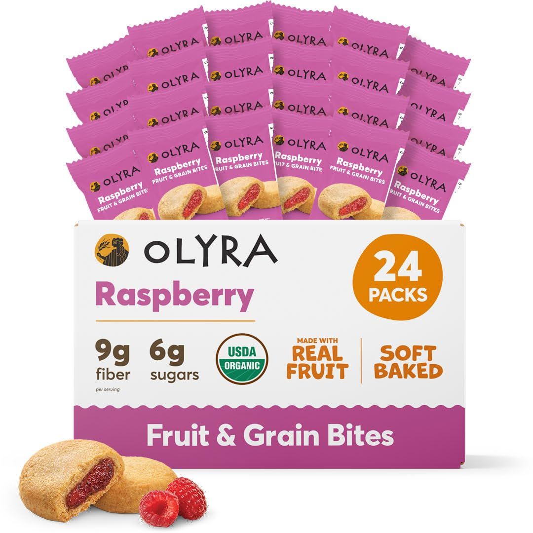Olyra Raspberry Fruit Bars, Prebiotic High Fiber Snack, Organic Snack, Healthy Snacks for Adults and Kids, Low Sugar, Vegan, Office Breakfast Bars, USDA Certified Organic, Non GMO (Pack of 24)