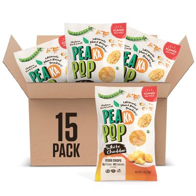 PeaKaPop Veggie Chips - Plant-Based, Healthy Veggie Crisps with Pea, Lentil &amp; Chickpea Protein - Gluten-Free, Popped Chips - Snack Size for Kids &amp; Adults - 1 oz Bags (15-Pack) - White Cheddar