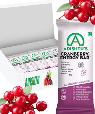 Adishtu Cranberry Energy Bars - 178kcal Snack Bars with Cranberries - Pack of 5 - Natural Ingredients, Preservative-Free, Gluten-Free, Nutrient-Rich, Healthy Energy Boost, Perfect for On-the-Go Snack