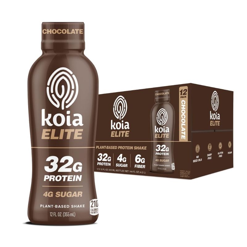 Koia Elite Plant Based Protein Shake, Chocolate, 32g Protein, 4g Sugar, 6g Prebiotic Fiber, Pre &amp; Post Workout Nutritional Drink, No Seed Oils, Dairy-Free, Gluten-Free, Non-GMO, 12 Fl Oz (Pack of 12)