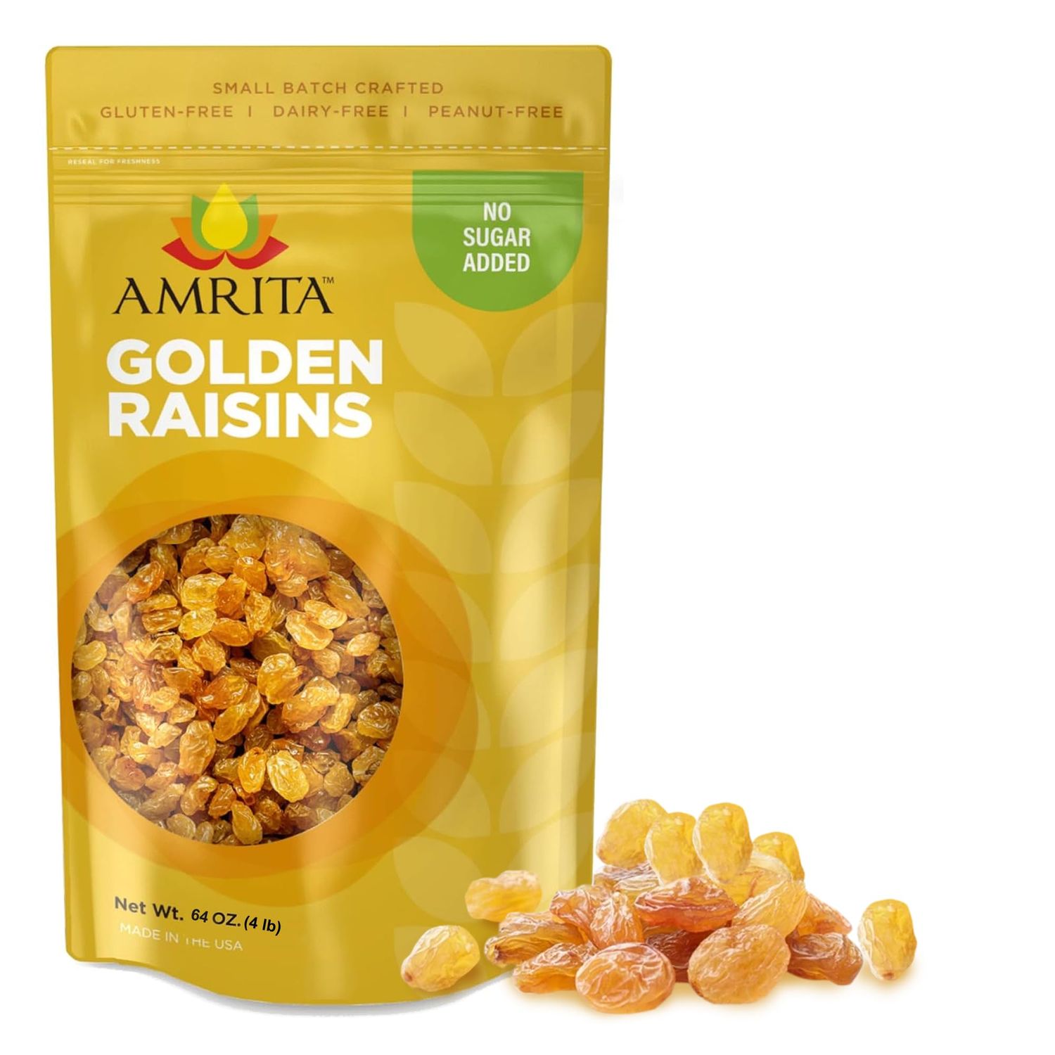 Amrita Golden Raisins 4 lb  No Added Sugar, Naturally Sweet, Gluten Free Dried Sultanas, Kishmish  Packed Fresh in Resealable Bags  Yellow Raisins, White Raisins, Vegan Snacks, Healthy Snacks