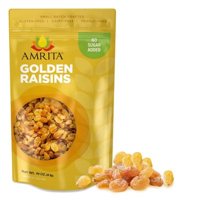 Amrita Golden Raisins 4 lb  No Added Sugar, Naturally Sweet, Gluten Free Dried Sultanas, Kishmish  Packed Fresh in Resealable Bags  Yellow Raisins, White Raisins, Vegan Snacks, Healthy Snacks