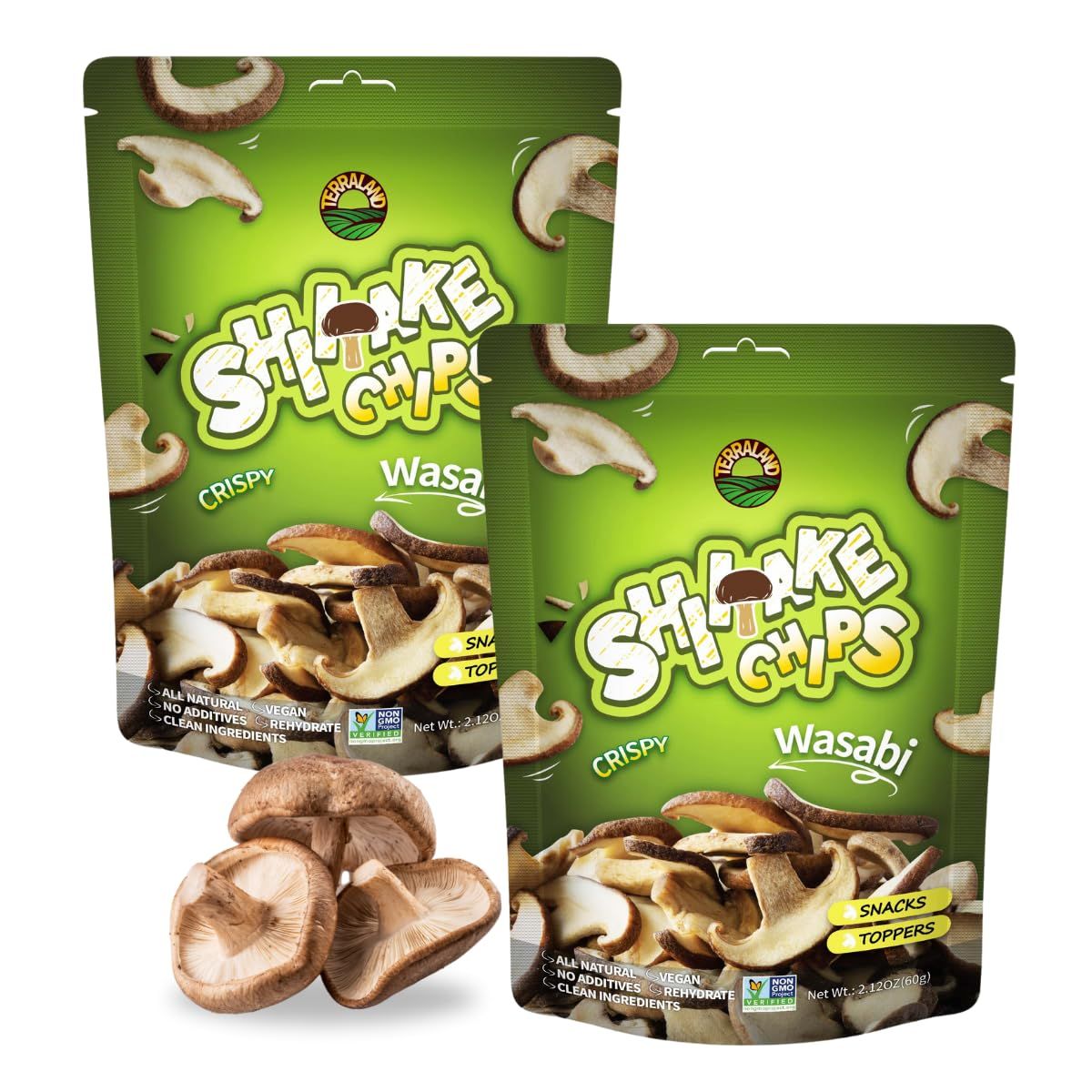 Terraland Shiitake Chips - Wasabi, Crispy &amp; Crunch Mushroom Snack, Non GMO, Idea As a Standalone Snack, Topping for Salads and Soups 2.12oz Bag - Pack of 2