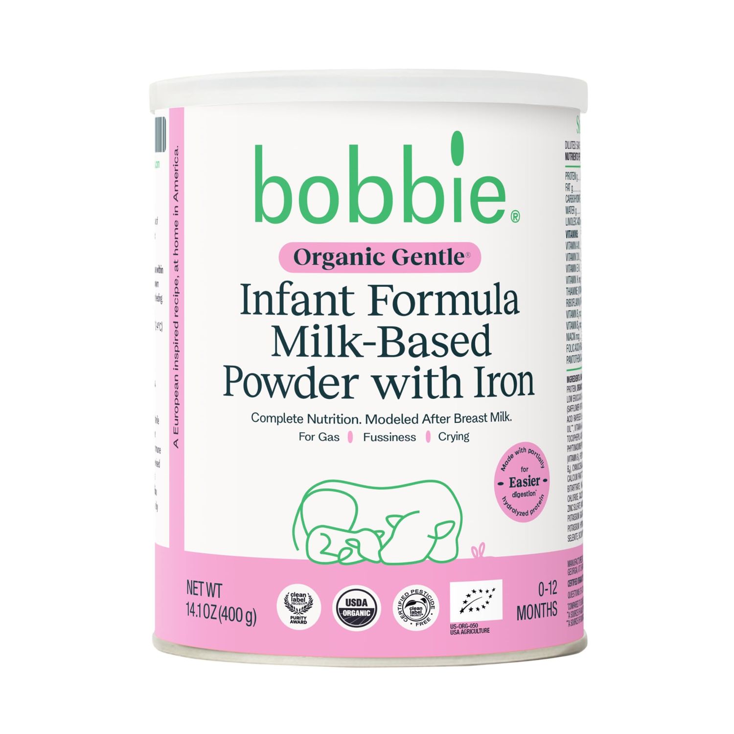Bobbie Organic Gentle Infant Formula, Milk Based Powder with Iron, DHA, Vitamin D &amp; 100% Lactose Like Breast Milk, For Fusiness, Crying &amp; Digestive Health, Newborn Baby-12 Months Old, 14.1 oz, 1 Pack