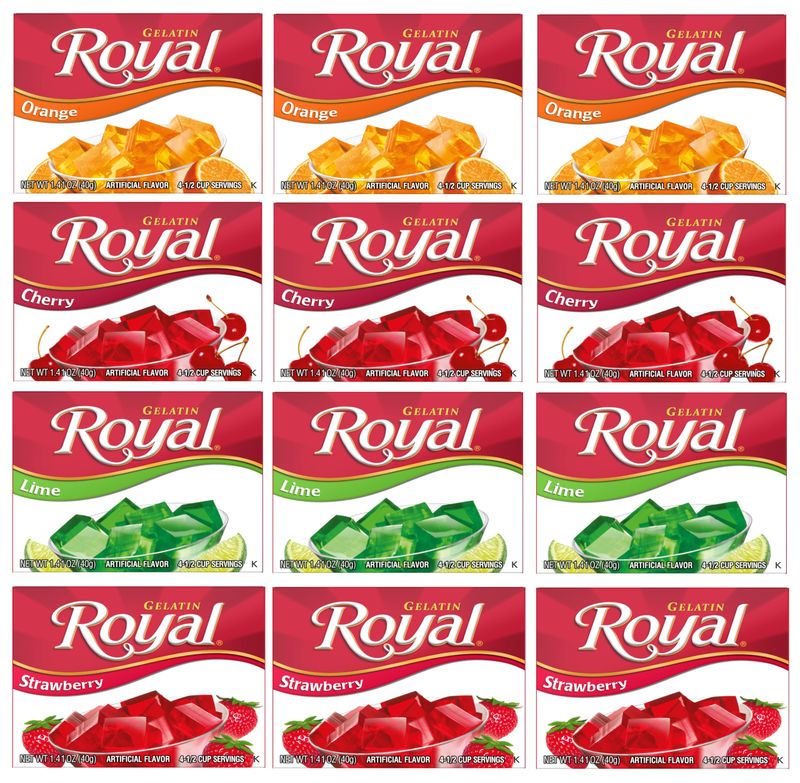Royal Gelatin Variety Pack of 12  3 Box Each - Strawberry, Orange, Lime, and Cherry - Keto Snacks