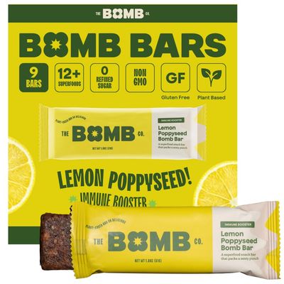 The Bomb Co. Blender Bomb Bar, Lemon Poppyseed, Superfood Snack Bar for the Bodys Natural Defense, Almond Butter, Hemp Seeds, Chia Seeds, Flax Seeds, Lemon Juice Powder, Sea Salt, Aloe Vera, 9 Bars