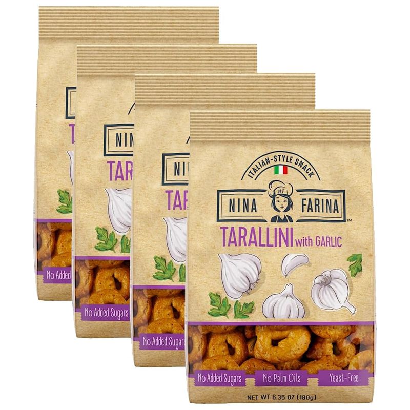 NINA FARINA Tarallini Garlic -Fresh Baked Italian Crackers Free from Added Sugars, Palm Oils and Yeast - Italian Style Nutritious Tarallini Crackers Great for Health 6.35oz/bag (4PACK)