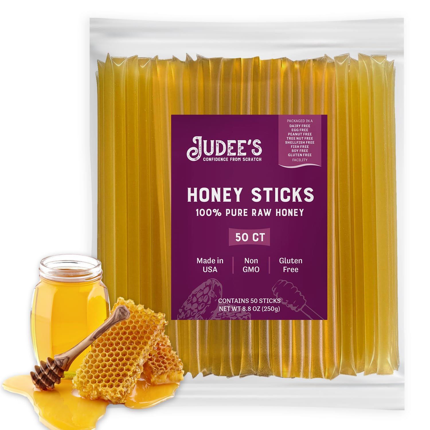 Judees Pure Raw Honey Sticks - 50 Count - On-the-Go Snacks - Delicious &amp; Gluten-Free - Honey Straws Sticks for Tea, Coffee, and Desserts (7-Inch Straws)