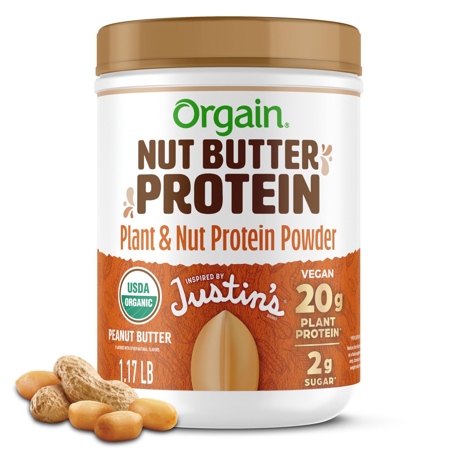 Orgain X Justin&#39;s  Organic Vegan Nut Butter Protein Powder, Peanut Butter- 20g Plant Protein, 2g Sugar, Gluten Free, No Dairy, Soy Ingredients, or Artificial Flavors, 1.17 lb