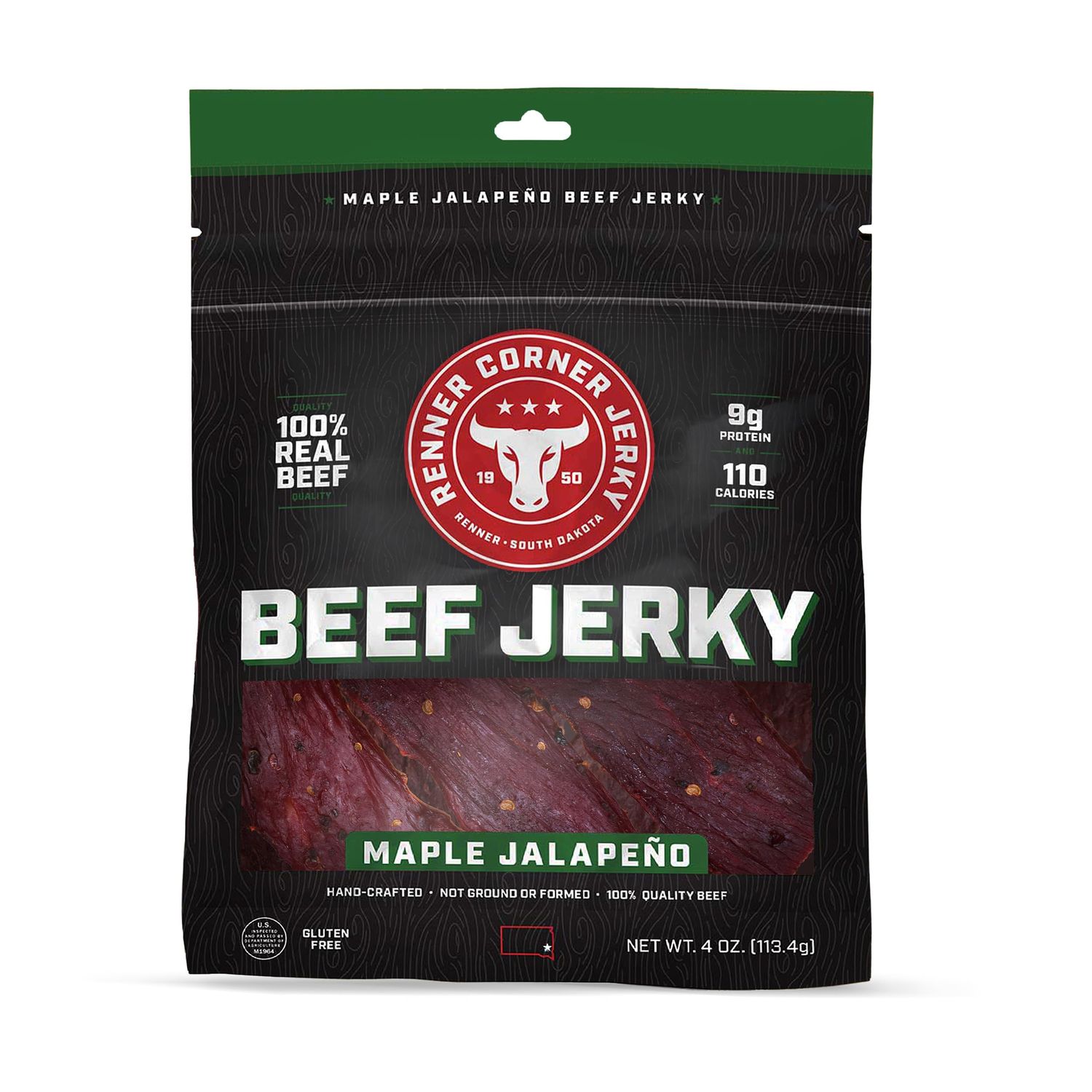 Renner Corner Jerky&#39;s Maple Jalapeno Beef Jerky (4oz) - 100% Natural, Handcrafted Premium Beef, Made in South Dakota, No Additives/Chemicals, Cured in Smokehouse, Never Processed