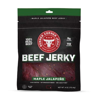 Renner Corner Jerky&#39;s Maple Jalapeno Beef Jerky (4oz) - 100% Natural, Handcrafted Premium Beef, Made in South Dakota, No Additives/Chemicals, Cured in Smokehouse, Never Processed