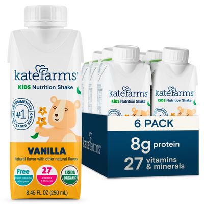 KATE FARMS Organic Pediatric Kids Nutrition Shake, Vanilla, 8g of protein, 27 Vitamins and Minerals, Meal Replacement, Protein Shake, Gluten Free, Non-GMO, 8.45 oz (6 Pack)
