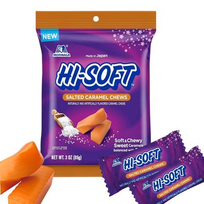 HI-SOFT Salted Caramel Chews, 6 Stand Up Pouches, 3 oz - Soft, Taffy Salted Caramel Chewy Candy for Sharing Treats - Bulk Candy Individually Wrapped