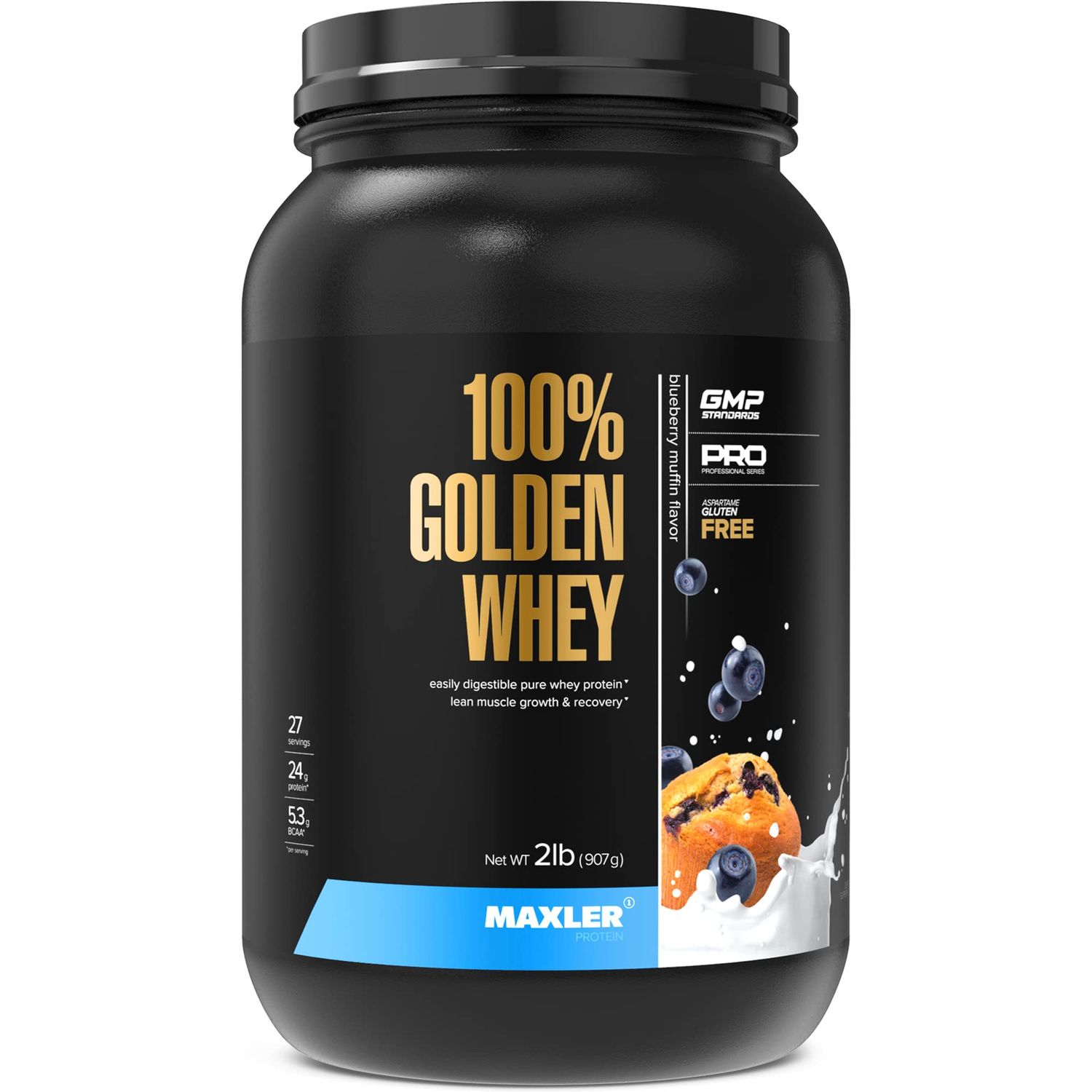 Maxler 100% Golden Whey Protein - 24g of Premium Whey Protein Powder per Serving - Pre, Post &amp; Intra Workout - Fast-Absorbing Whey Hydrolysate, Isolate &amp; Concentrate Blend - Blueberry Muffin 2 lbs