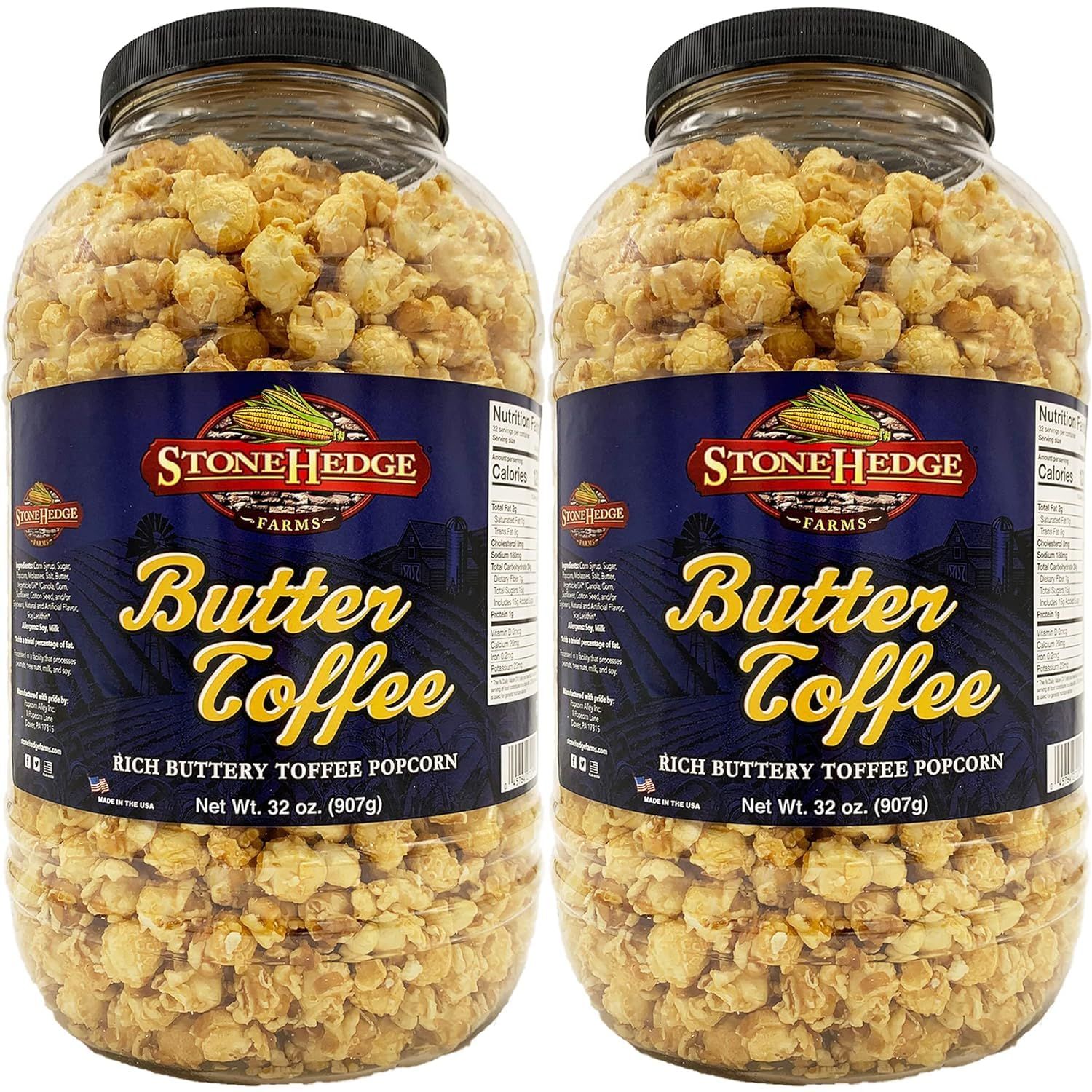 Stonehedge Farms Butter Toffee Flavored Popcorn  32 oz (Pack of 2) Reclosable Barrels  Bulk Popped ButterToffee Corn  Made in the USA
