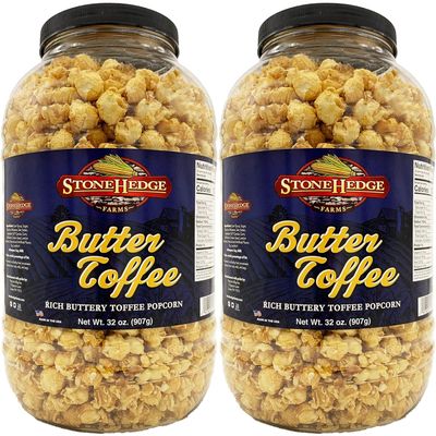 Stonehedge Farms Butter Toffee Flavored Popcorn  32 oz (Pack of 2) Reclosable Barrels  Bulk Popped ButterToffee Corn  Made in the USA