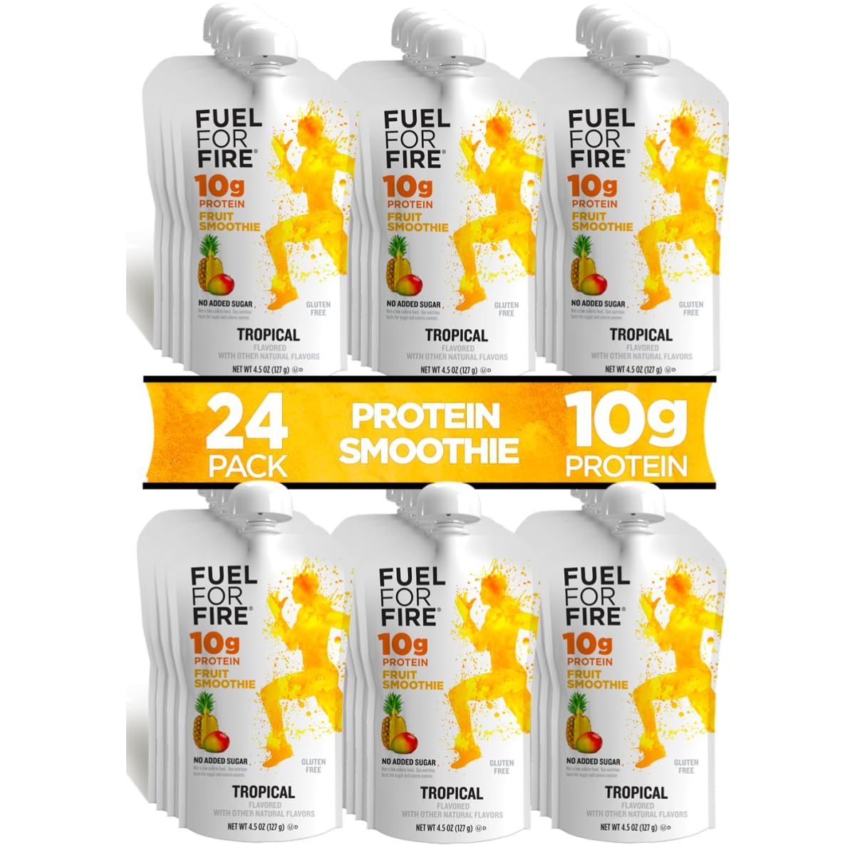 Fuel for Fire Protein Smoothie Squeeze Pouch - Tropical (12-Pack)  Healthy Snack &amp; Recovery  No Sugar Added, Dietitian Approved  Functional Fruit Smoothies  Gluten Free, Kosher (4.5oz pouches)