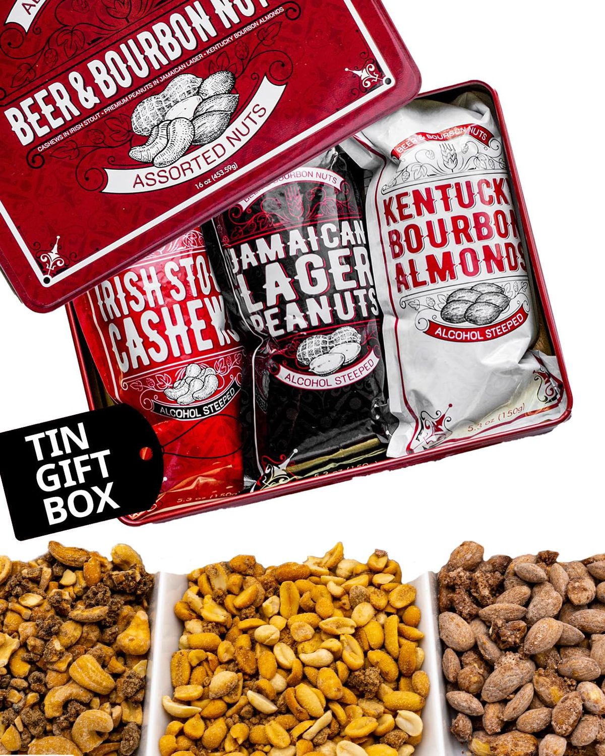 Nuts Gift Basket for Men - Cashews, Almonds, Peanuts in Unique Tin Gift Box - Birthday Gift for Men, Food Gift Basket for Men, Dad, Care Package, Assorted Nuts, Healthy Snack Gift Basket