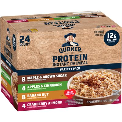 Quaker Instant Oatmeal, Protein 4 Flavor Variety Pack, 7g Protein, Individual Packets, 24 Count