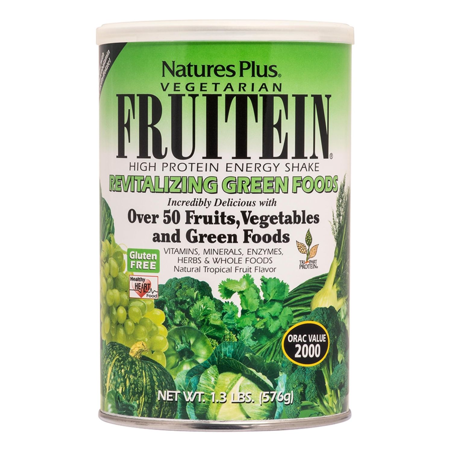 NaturesPlus FRUITEIN Revitalizing Green Foods Shake - 1.3 lbs - Plant-Based Protein (13g/Serving) - Supports Energy &amp; Immune System - Vegetarian, Gluten Free &amp; Non-GMO - 16 Servings