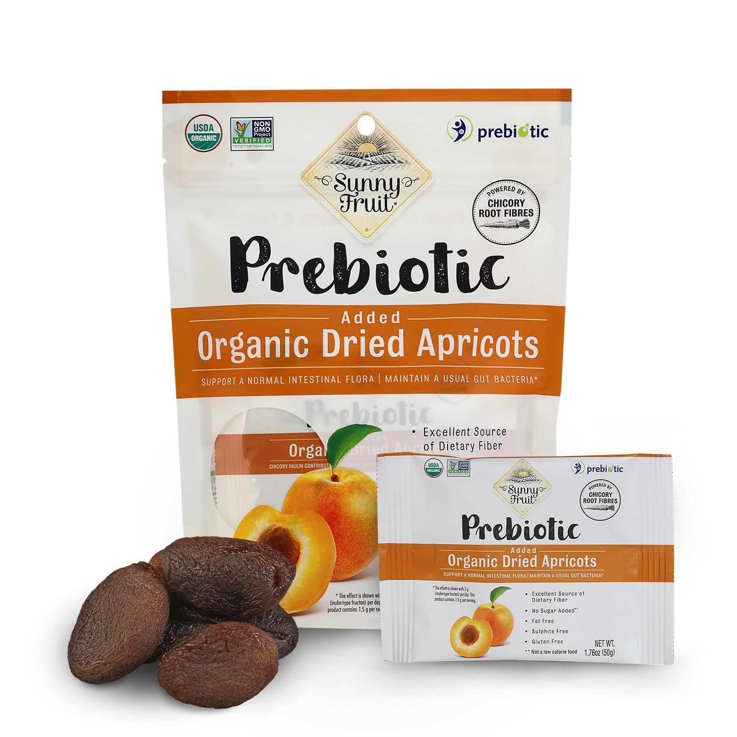 Sunny Fruit Organic Prebiotic Apricots - 1 Bag (5 Individual Portion Packs)  Convenient Snack Packs with Prebiotic Fiber  ORGANIC, NON-GMO, KOSHER, HALAL, NO PRESERVATIVES, NO SUGAR ADDED