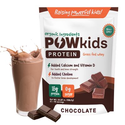 POWkids Chocolate Kids &amp; Teens Protein Powder Shake  18g Grass-Fed Whey, No Added Sugar, Organic Ingredients  Calcium &amp; Choline for Bone Strength &amp; Brain Development  15-45 Servings