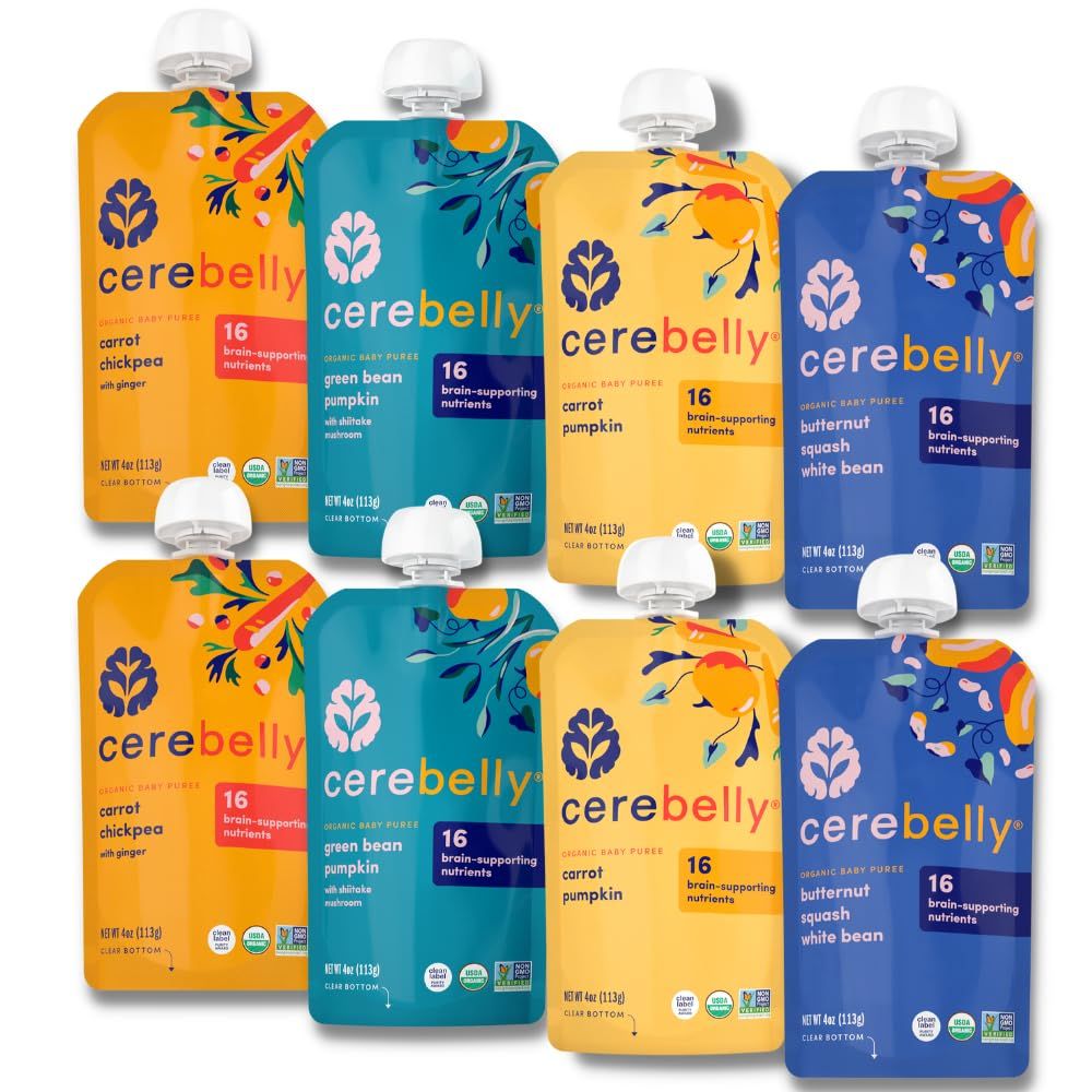 Cerebelly Baby Food Pouches - Organic Veggie Purees Winter Veggie Variety Pack (4 oz, Pack of 8) Toddler Snack, 16 Brain-Supporting Nutrients, Healthy Snack, Made with Gluten-Free Ingredients, Non-GMO