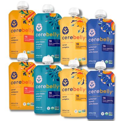 Cerebelly Baby Food Pouches - Organic Veggie Purees Winter Veggie Variety Pack (4 oz, Pack of 8) Toddler Snack, 16 Brain-Supporting Nutrients, Healthy Snack, Made with Gluten-Free Ingredients, Non-GMO