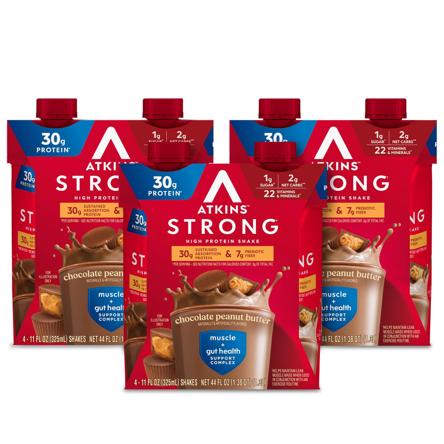 Atkins Strong High Protein Shake, Chocolate Peanut Butter, 30g Protein, 7g Prebiotic Fiber, Muscle &amp; Gut Health Support Complex, 12 Count