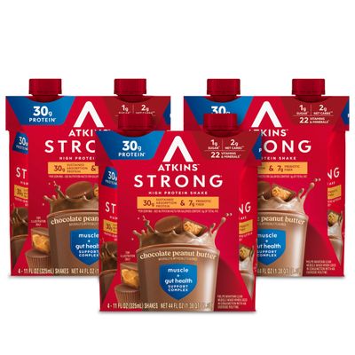 Atkins Strong High Protein Shake, Chocolate Peanut Butter, 30g Protein, 7g Prebiotic Fiber, Muscle &amp; Gut Health Support Complex, 12 Count