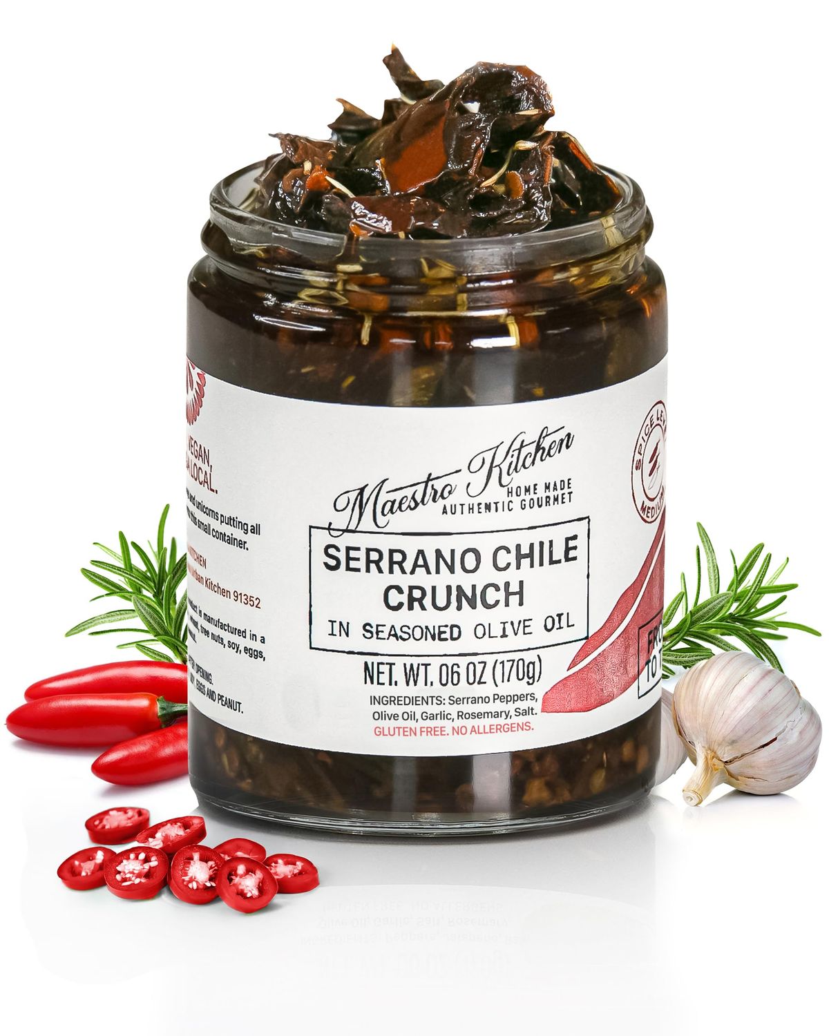 MAESTRO KITCHEN Serrano Pepper Chile Oil Crunch Sauce - Chili Crisp in Olive Oil, Garlic, &amp; Rosemary, Thai, Spicy Seasoning, Mexican Salsa, Taco, Paste, Spread, Gluten Free Snacks, Vegan, Spice, 6oz