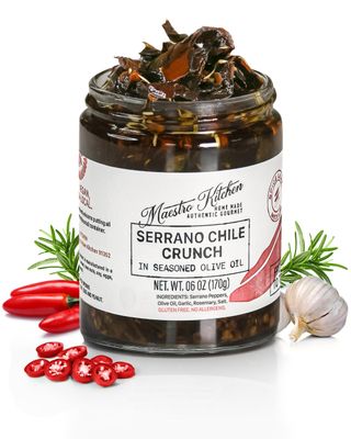MAESTRO KITCHEN Serrano Pepper Chile Oil Crunch Sauce - Chili Crisp in Olive Oil, Garlic, &amp; Rosemary, Thai, Spicy Seasoning, Mexican Salsa, Taco, Paste, Spread, Gluten Free Snacks, Vegan, Spice, 6oz