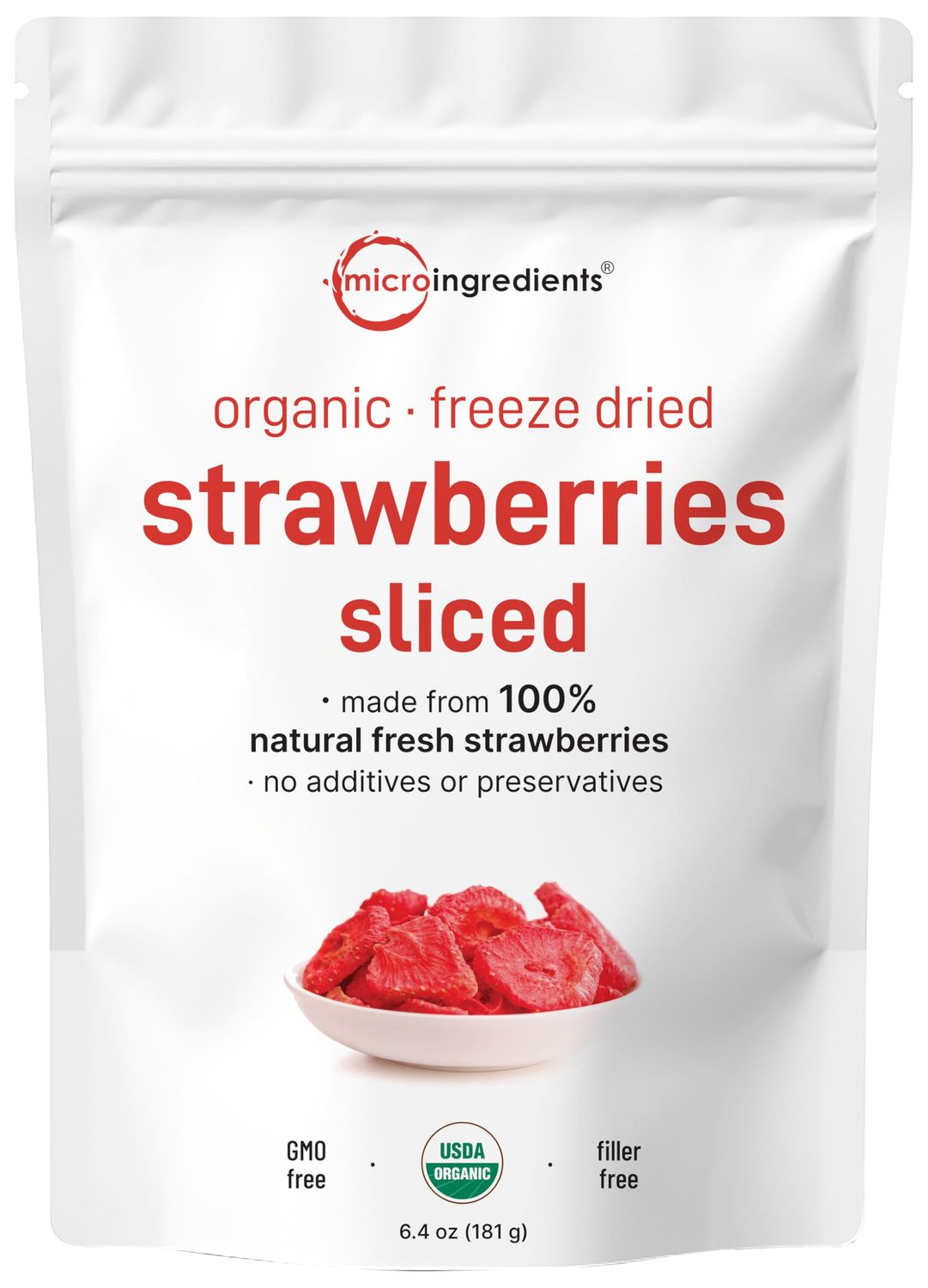 Micro Ingredients Organic Strawberries Sliced, 6.4oz  100% Natural Fruit  Freeze Dried Strawberry Source  No Sugar &amp; Additives  Healthy Snack &amp; Topping for Beverages or Recipes  Non-GMO, Vegan