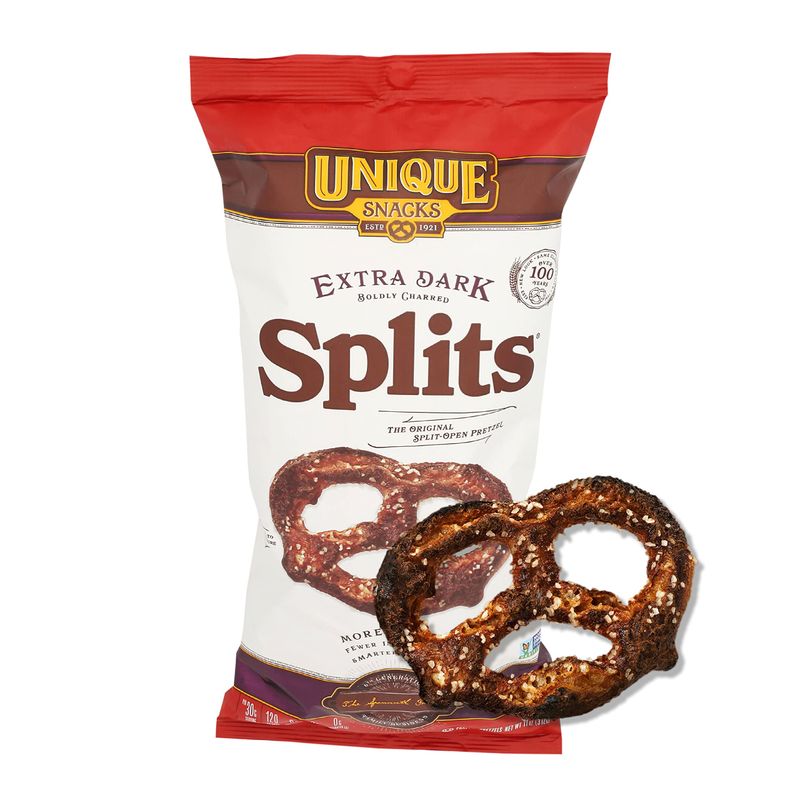 Unique Snacks Extra Dark Splits Pretzels, Original Split-Open Pretzels, Delicious Homestyle Baked Snack Bag, Vegan, OU Kosher, and Non-GMO Food, No Artificial Flavor, 11 Oz. Bag, Pack of 12