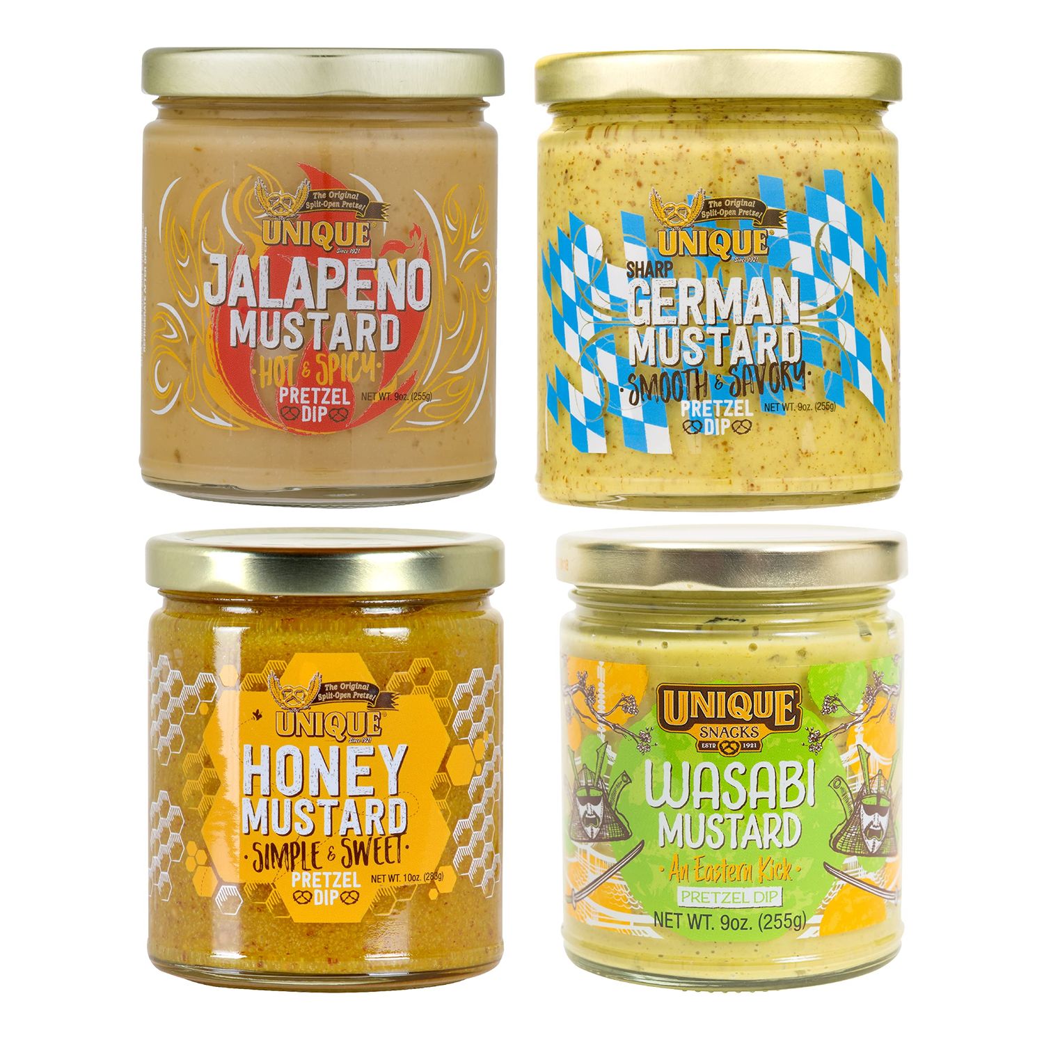 Unique Snacks Mustard Variety Pack, Includes German, Honey, Jalapeno, and Wasabi Mustard Dips and Spreads, Non-GMO, 4 Flavors, 1 Jar Each