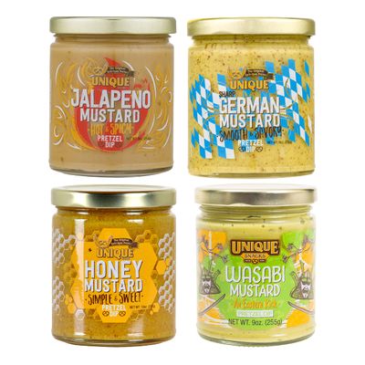 Unique Snacks Mustard Variety Pack, Includes German, Honey, Jalapeno, and Wasabi Mustard Dips and Spreads, Non-GMO, 4 Flavors, 1 Jar Each